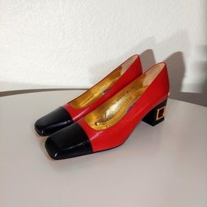 Timothy Hitsman Vintage Red & Black Square Cap Toe Block Heel Pumps